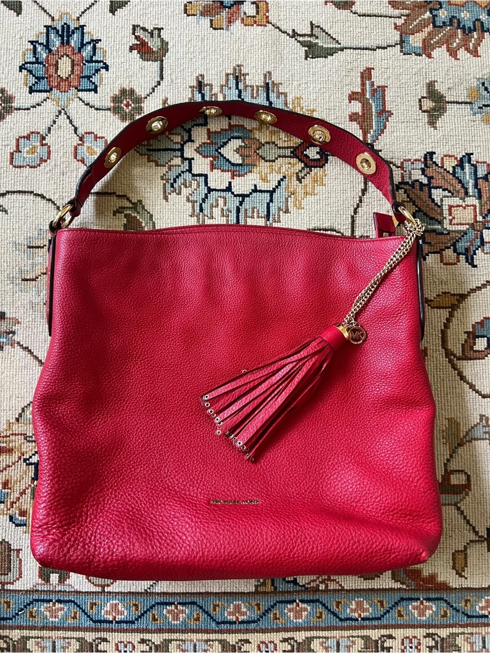 Michael Kors Red Pebbled Leather Hobo with Tassel